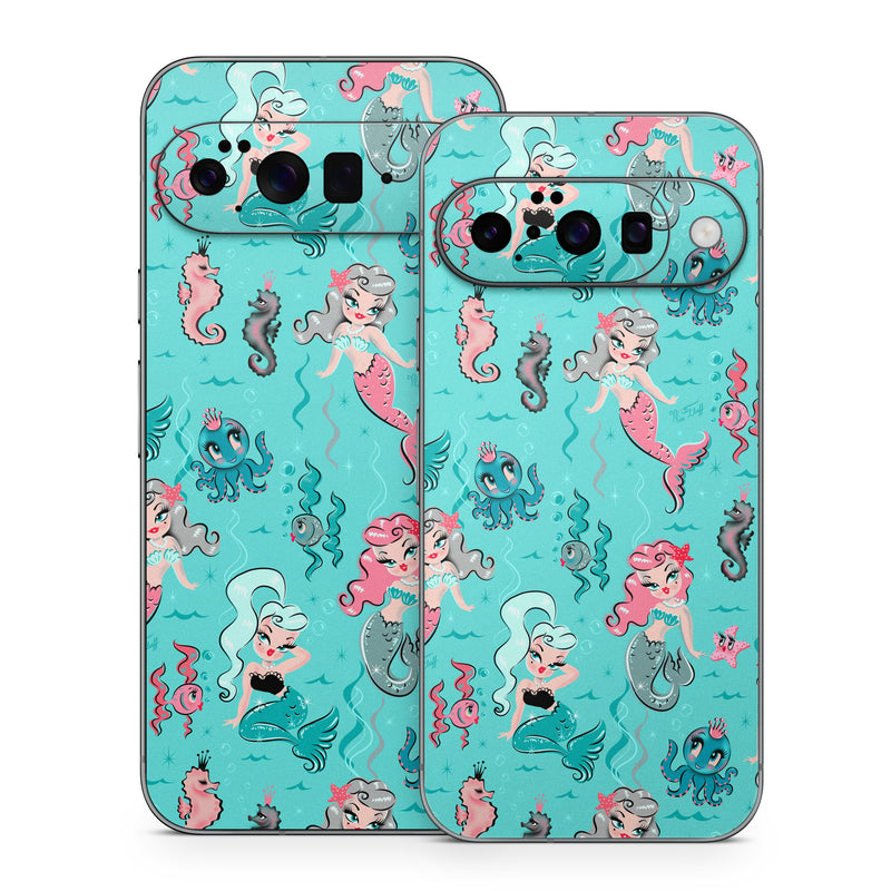 Google Pixel 10 Series Skin design of Turquoise, Wrapping paper, Cartoon, Pattern, Textile, Aqua, Design, Gift wrapping, Illustration, Fictional character, with blue, pink, yellow, gray colors