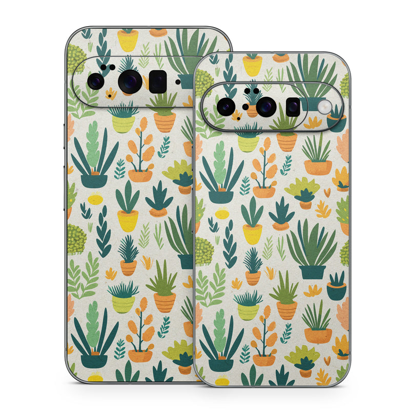Google Pixel 10 Series Skin design of Flower, Plant, Petal, Textile, Botany, Art, Creative arts, Flowering plant, Porcelain, Groundcover, with white, green, brown, yellow, orange colors