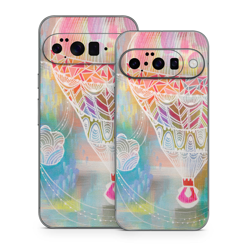 Google Pixel 10 Series Skin design of Hot air balloon, Balloon, Illustration, Pattern, Vehicle, Aerostat, Hot air ballooning, Graphic design, Art, with blue, red, yellow, pink, white colors