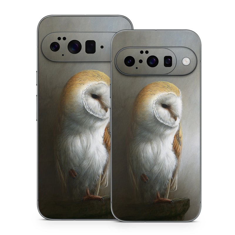 Google Pixel 10 Series Skin design of Barn owl, Owl, Bird, Bird of prey, Beak, Wildlife, with yellow, white, orange, brown colors