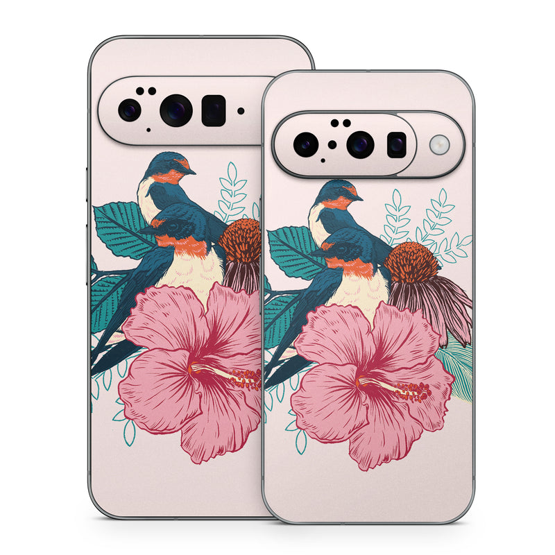Google Pixel 10 Series Skin design of Bird, Hawaiian hibiscus, Hibiscus, Illustration, Chinese hibiscus, Botany, Flower, Plant, Malvales, Mallow family, with blue, pink, green, yellow, red colors