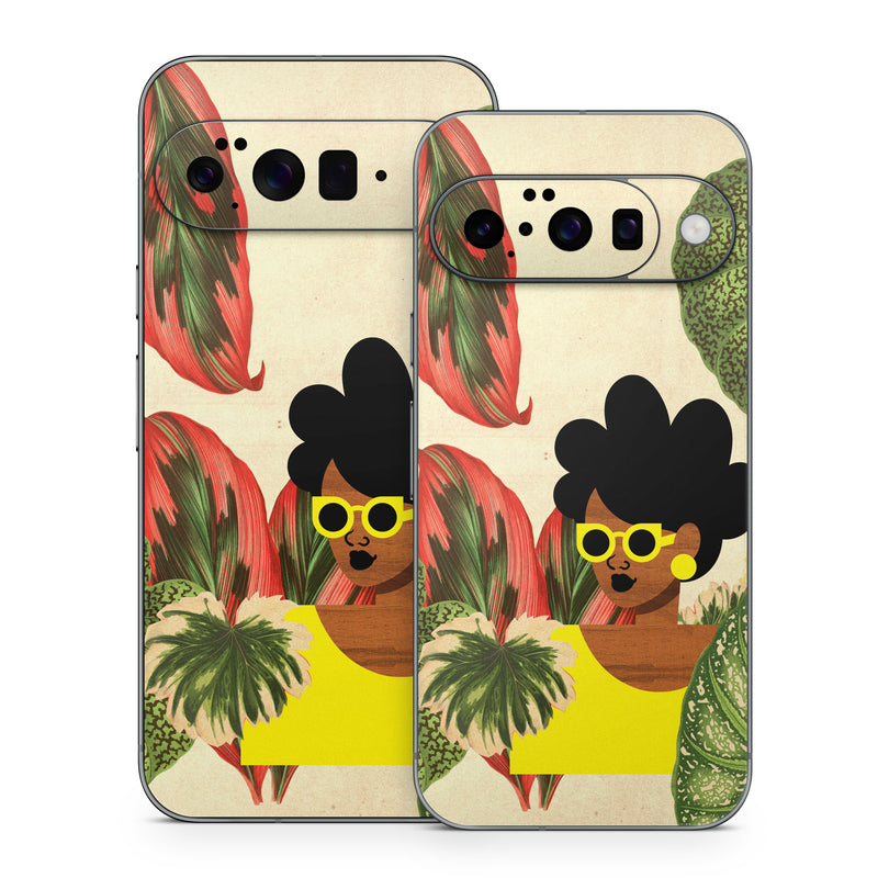 Google Pixel 10 Series Skin design of Illustration, Plant, Botany, Organism, Leaf, Art, Animation, Grass, Flower, Perennial plant, with green, black, brown, yellow, red colors