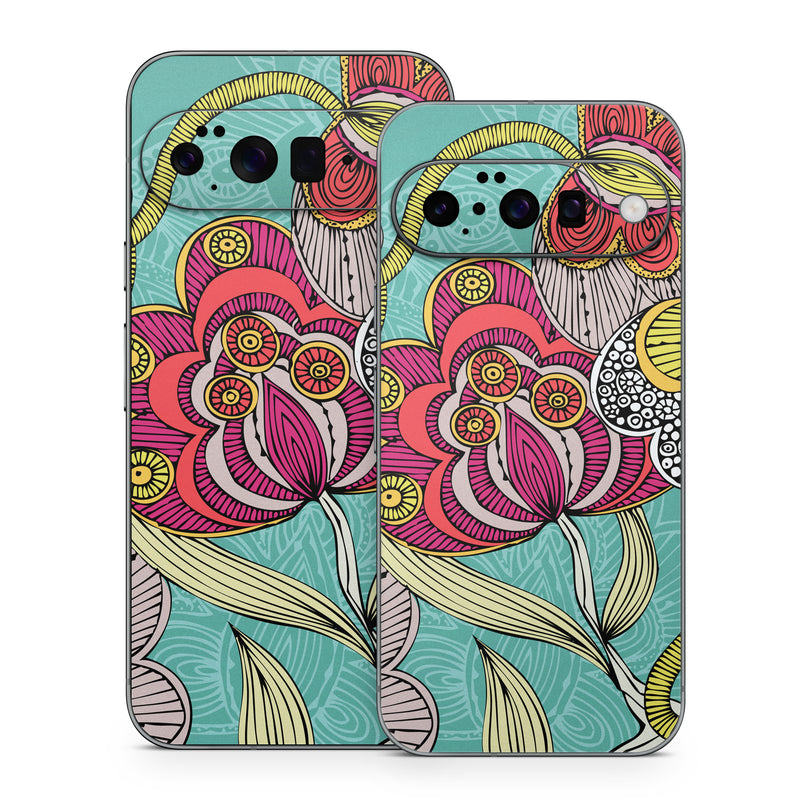 Google Pixel 10 Series Skin design of Pattern, Visual arts, Motif, Floral design, Design, Art, Plant, Flower, Organism, Textile, with red, yellow, blue, gray, pink colors