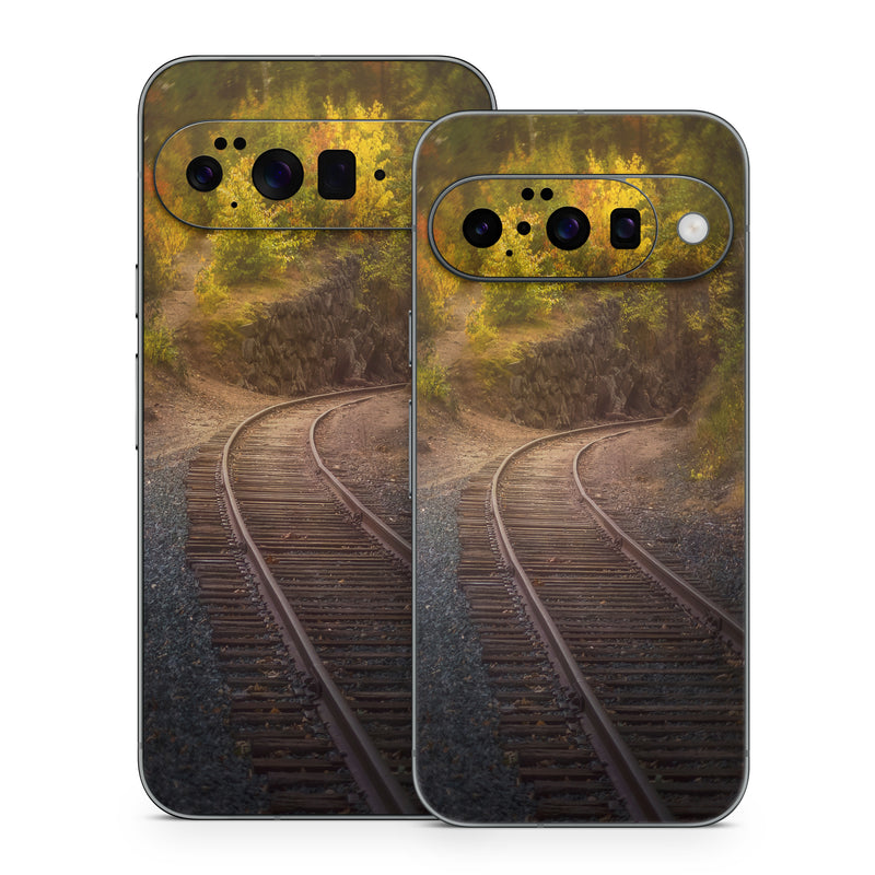 Google Pixel 10 Series Skin design of Plant, Wood, Branch, Natural landscape, Road surface, Track, Grass, Tree, Thoroughfare, Twig, with brown, gray, yellow, orange, green, red colors