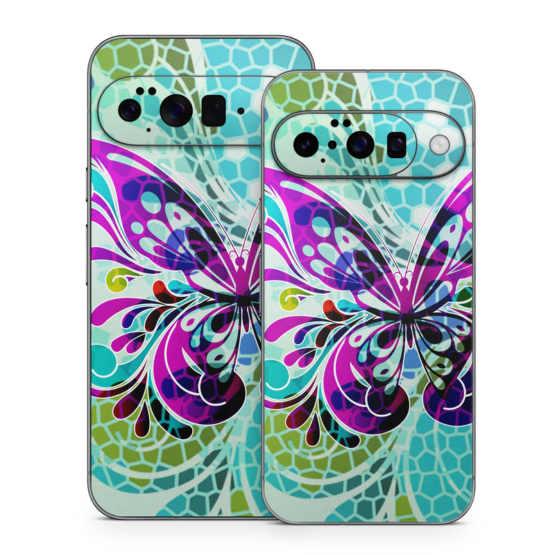Google Pixel 10 Series Skin design of Butterfly, Pattern, Insect, Moths and butterflies, Purple, Graphic design, Design, Pollinator, Visual arts, Magenta, with blue, green, purple colors