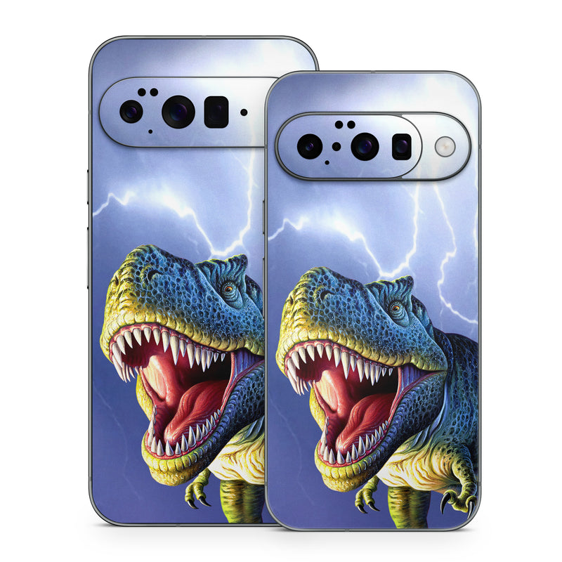 Google Pixel 10 Series Skin design of Dinosaur, Extinction, Tyrannosaurus, Velociraptor, Tooth, Jaw, Organism, Mouth, Fictional character, Art, with blue, green, yellow, orange, red colors