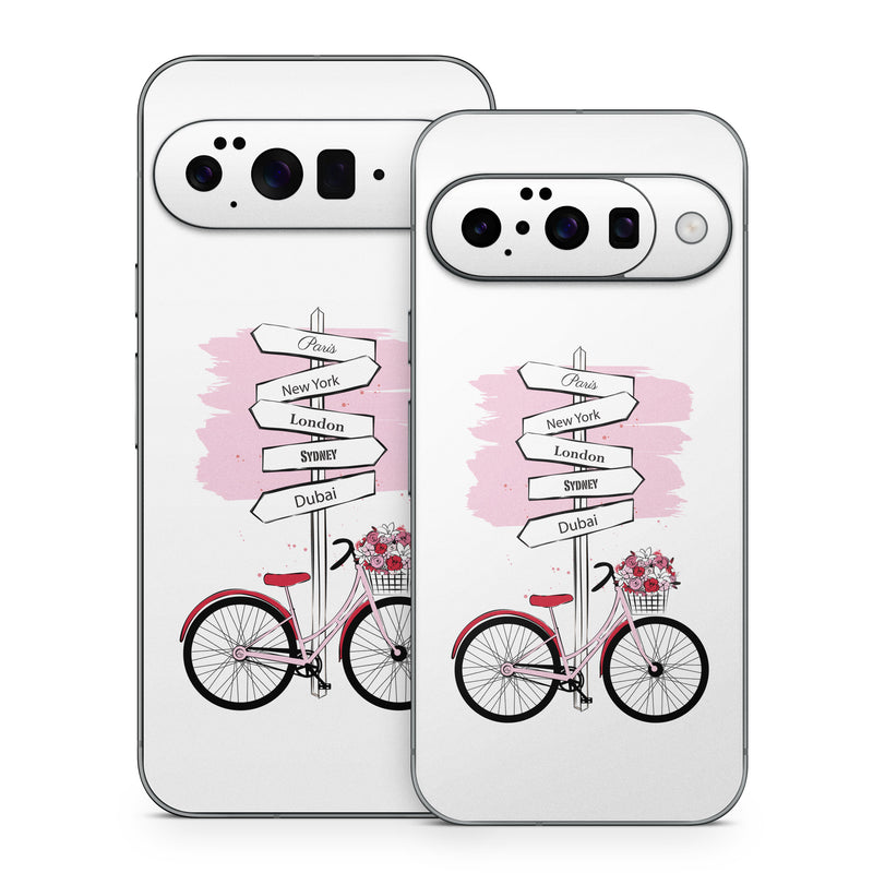 Google Pixel 10 Series Skin design of Bicycle, Wheel, Bicycles--Equipment and supplies, Tire, Bicycle tire, Bicycle frame, Bicycle wheel, Bicycle wheel rim, Vehicle, Bicycle fork, with white, black, red, pink colors