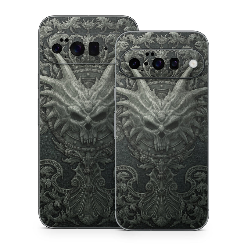 Google Pixel 10 Series Skin design of Demon, Dragon, Fictional character, Illustration, Supernatural creature, Drawing, Symmetry, Art, Mythology, Mythical creature, with black, gray colors