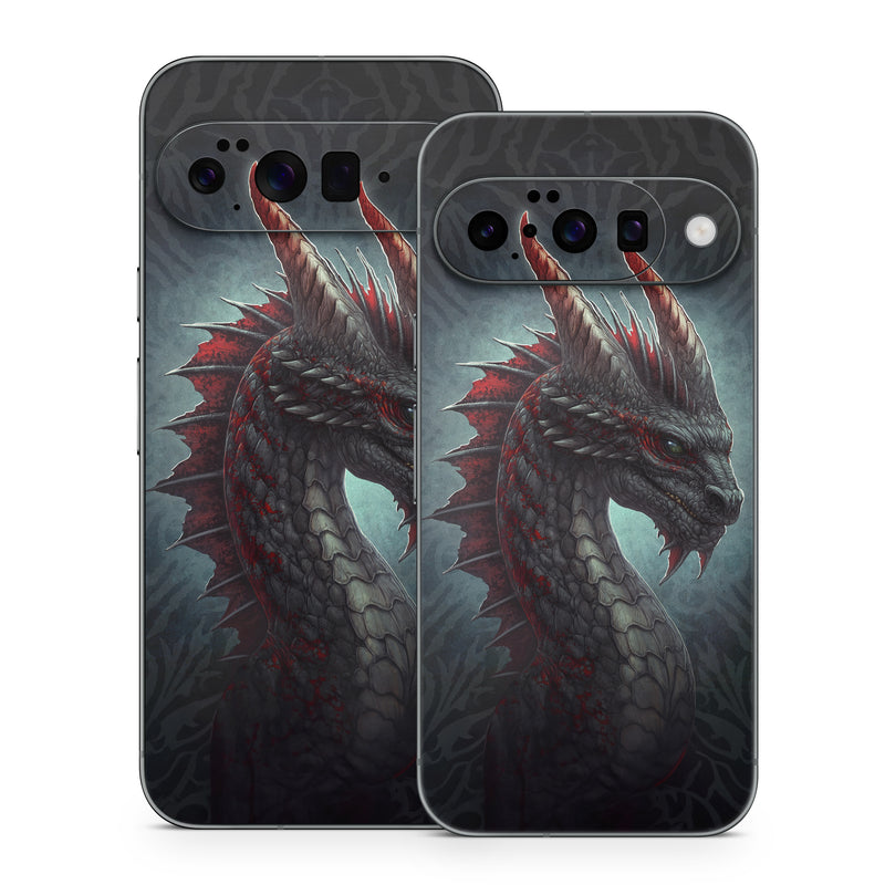 Google Pixel 10 Series Skin design of Dragon, Fictional character, Mythical creature, Demon, Cg artwork, Illustration, Green dragon, Supernatural creature, Cryptid, with red, gray, blue colors