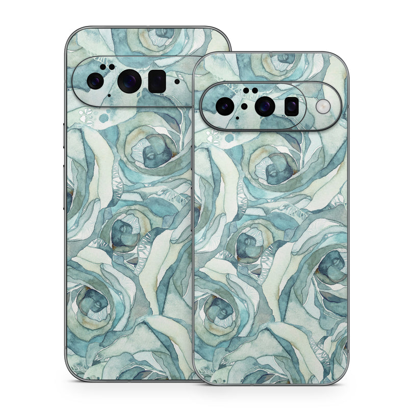 Google Pixel 10 Series Skin design of Rose, Garden roses, Blue, Flower, Rose family, Watercolor paint, Plant, Pattern, Rosa × centifolia, Blue rose, with blue, green colors