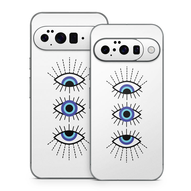 Google Pixel 10 Series Skin design of Eyebrow, Eyelash, Iris, Art, Font, Circle, Electric blue, Symmetry, Illustration, Graphics, with black, white, blue, purple colors