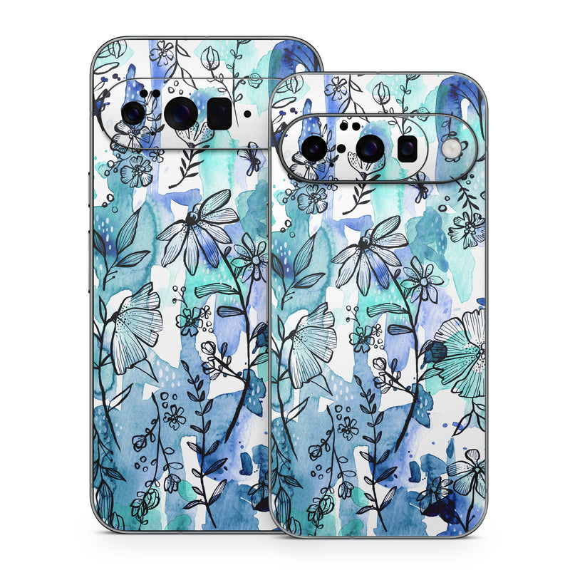 Google Pixel 10 Series Skin design of Blue, Pattern, Turquoise, Aqua, Design, Textile, Wildflower, Plant, Wrapping paper, Gift wrapping, with blue, white, black, purple colors