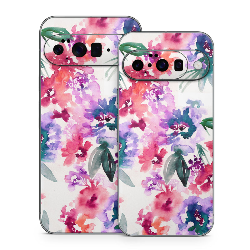 Google Pixel 10 Series Skin design of Purple, Pattern, Pink, Lilac, Violet, Flower, Watercolor paint, Floral design, Plant, Design, with green, pink, red, purple, white colors