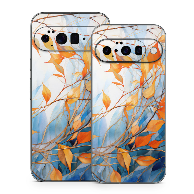 Google Pixel 10 Series Skin design of Plant, Amber, Twig, Branch, Orange, Vegetation, Natural landscape, Tree, Woody plant, Deciduous, with yellow, orange, red, blue, white, purple colors