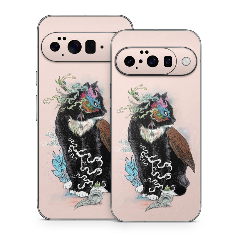 Google Pixel 10 Series Skin design of Illustration, Owl, Art, Graphic design, Cat, Tail, with pink, black, brown, red, green colors