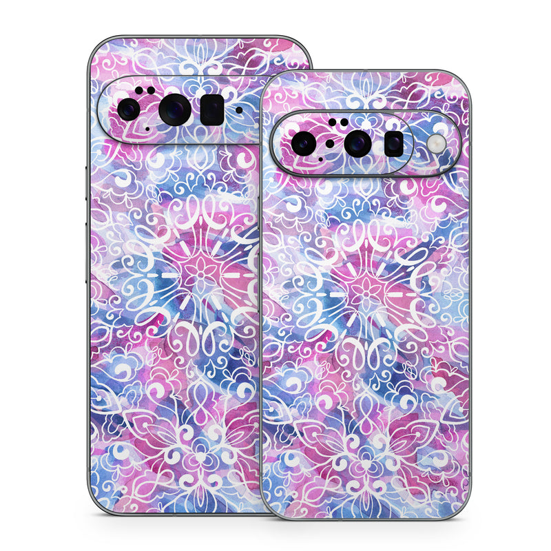 Google Pixel 10 Series Skin design of Pattern, Pink, Lilac, Design, Textile, Visual arts, Motif, Floral design, Plant, with blue, pink, purple, white colors