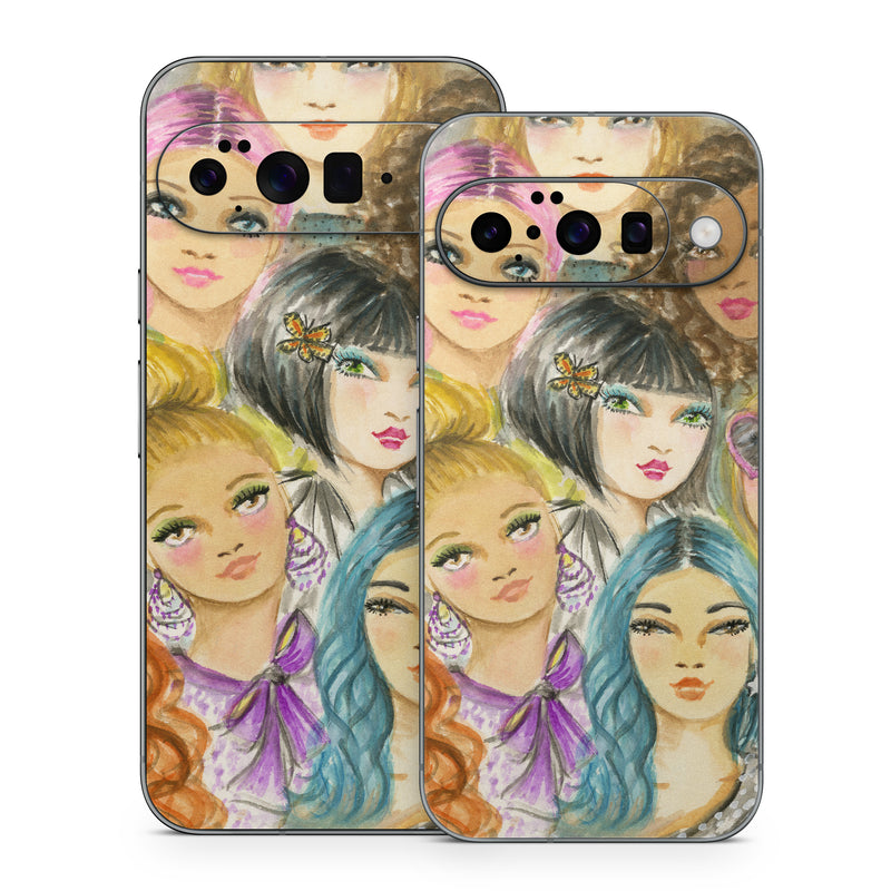 Google Pixel 10 Series Skin design of Face, Hair, Head, Art, Hair coloring, Cheek, Illustration, Human, Watercolor paint, Brown hair, with white, black, brown, yellow, purple, blue, pink colors