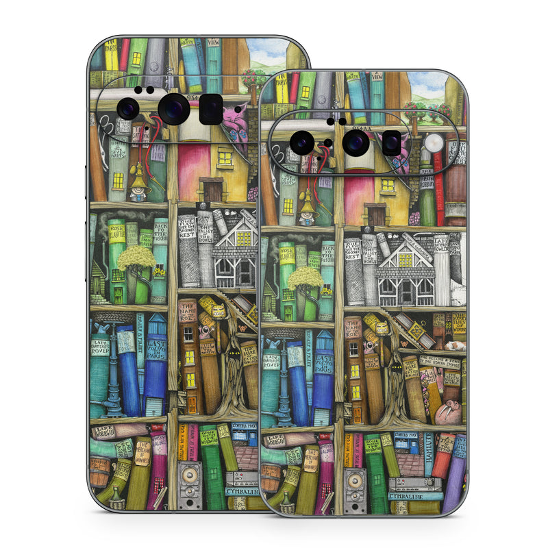 Google Pixel 10 Series Skin design of Collection, Art, Visual arts, Bookselling, Shelving, Painting, Building, Shelf, Publication, Modern art, with brown, green, blue, red, pink colors