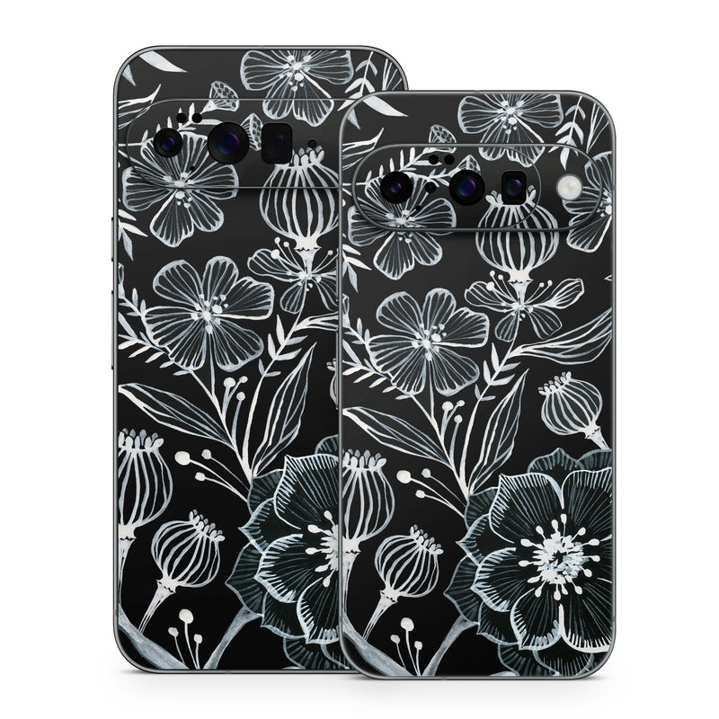 Google Pixel 10 Series Skin design of Pattern, Black-and-white, Flower, Monochrome photography, Plant, Design, Monochrome, Botany, Wildflower, Visual arts, with black, white colors
