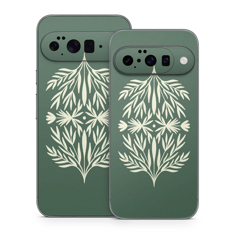 Google Pixel 10 Series Skin design of Plant, Terrestrial plant, Art, Triangle, Symmetry, Pattern, Electric blue, Graphics, Grass, Visual arts, with green, white colors