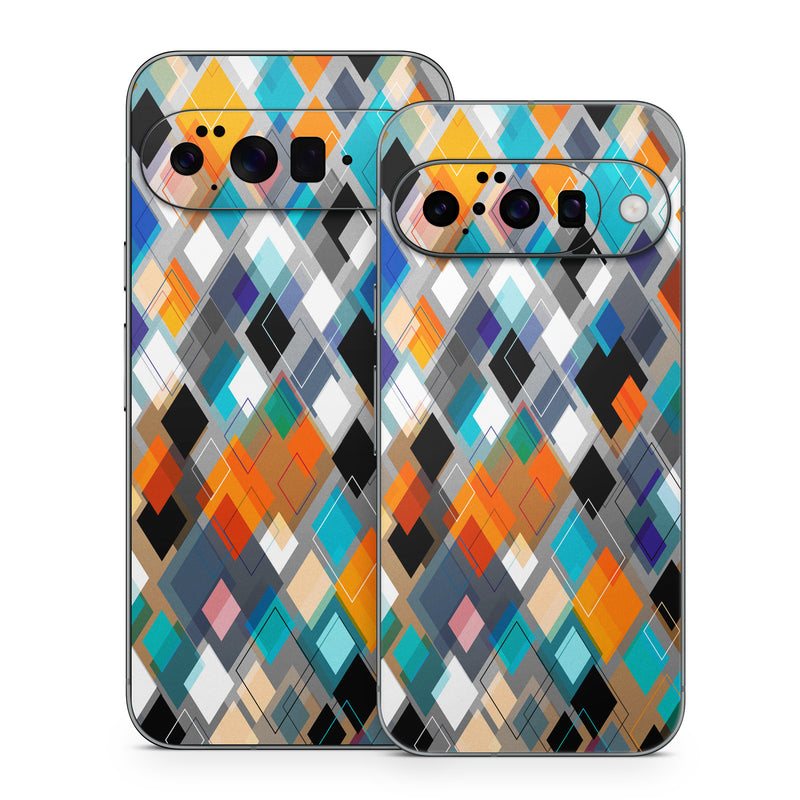 Google Pixel 10 Series Skin design of Pattern, Line, Design, Colorfulness, Plaid, Tints and shades, Textile, Symmetry, Square, with black, blue, red, orange, white colors