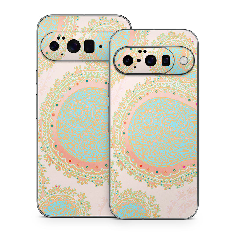Google Pixel 10 Series Skin design of Pattern, Visual arts, Paisley, Pink, Design, Motif, Line, Wallpaper, Peach, with pink, blue, red colors