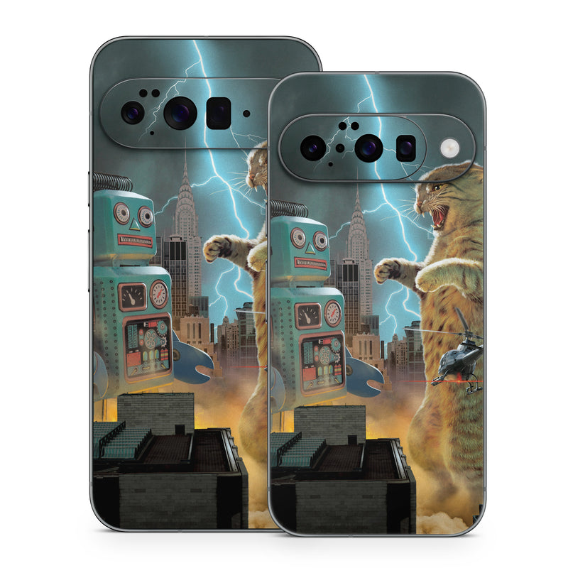 Google Pixel 10 Series Skin design of Lightning, Felidae, Carnivore, Art, Whiskers, Big cats, Cg artwork, Terrestrial animal, Small to medium-sized cats, Thunder, with black, blue, red, yellow, white, brown, gray, orange colors