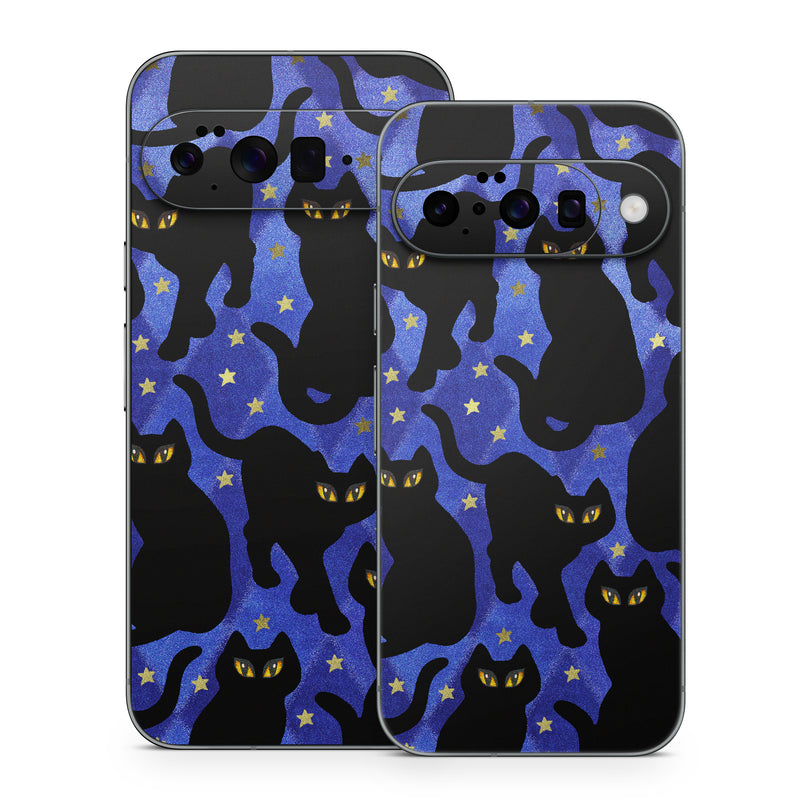 Google Pixel 10 Series Skin design of Black cat, Black, Cat, Small to medium-sized cats, Pattern, Felidae, Design, Electric blue, Illustration, Art, with black, blue, purple, yellow colors