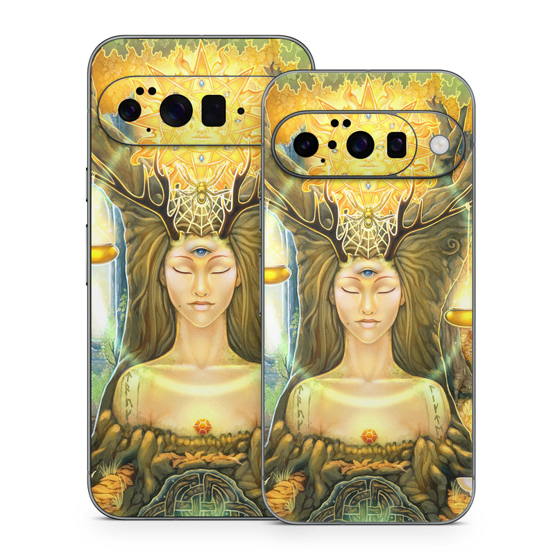 Google Pixel 10 Series Skin design of Painting, Art, Illustration, Plant, Fictional character, Mythology, Cg artwork, Visual arts, Glass, Drawing, with yellow, green, brown, pink, orange, black colors