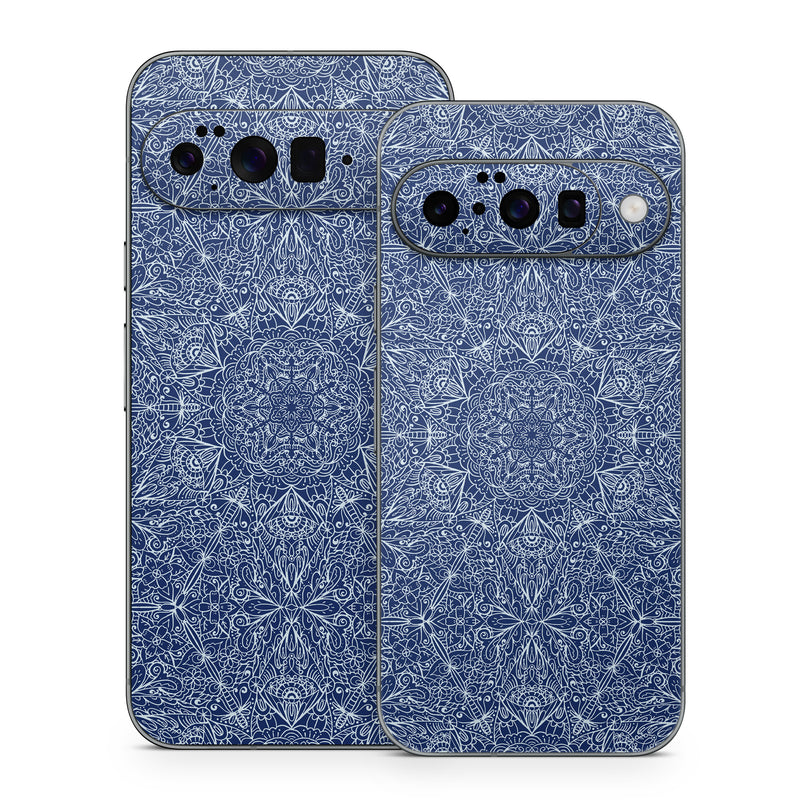 Google Pixel 10 Series Skin design of Blue, Pattern, Azure, Cobalt blue, Design, Textile, Electric blue, Wallpaper, Symmetry, with blue, white colors