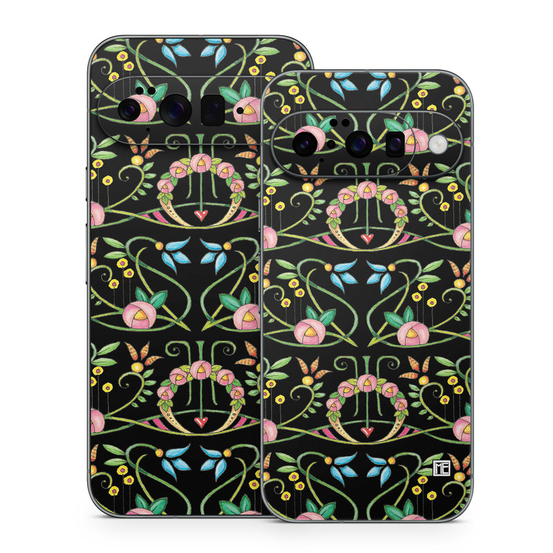 Google Pixel 10 Series Skin design of Flower, Rectangle, Textile, Ornament, Plant, Line, Motif, Creative arts, Art, Pattern, with black, pink, blue, green, yellow colors