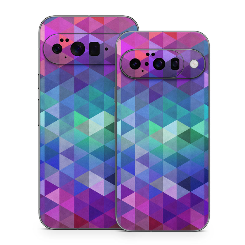 Google Pixel 10 Series Skin design of Purple, Violet, Pattern, Blue, Magenta, Triangle, Line, Design, Graphic design, Symmetry, with blue, purple, green, red, pink colors