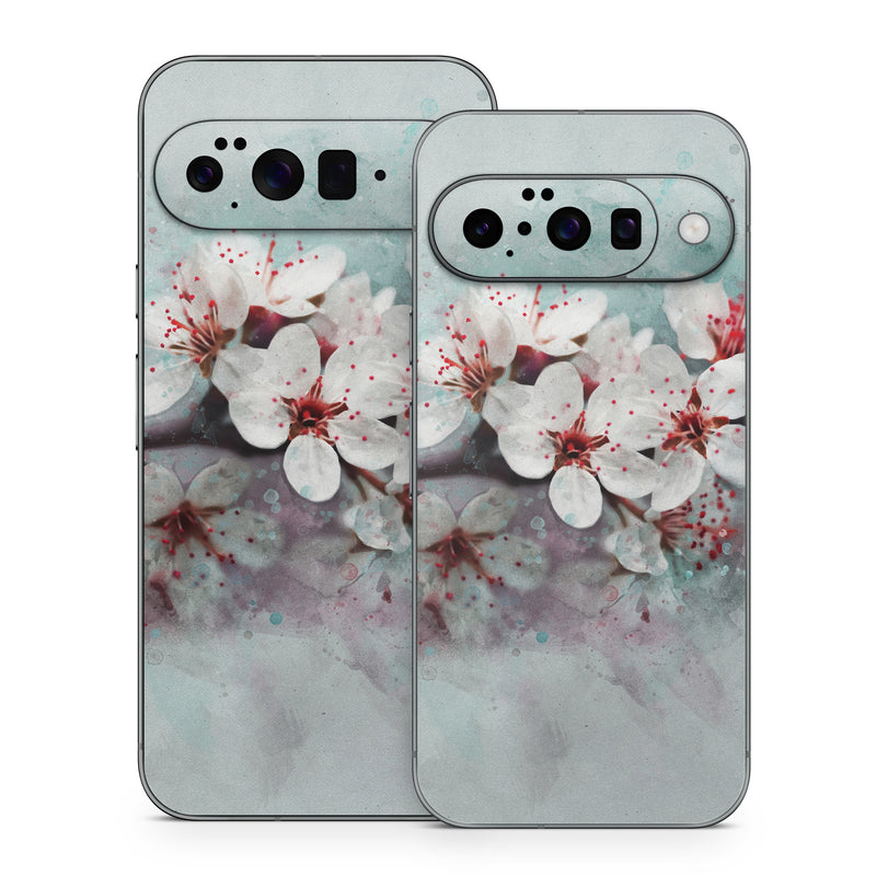 Google Pixel 10 Series Skin design of Blossom, Flower, Cherry blossom, Watercolor paint, Plant, Spring, Pink, Petal, Branch, Painting, with white, gray, red, pink, purple, blue colors