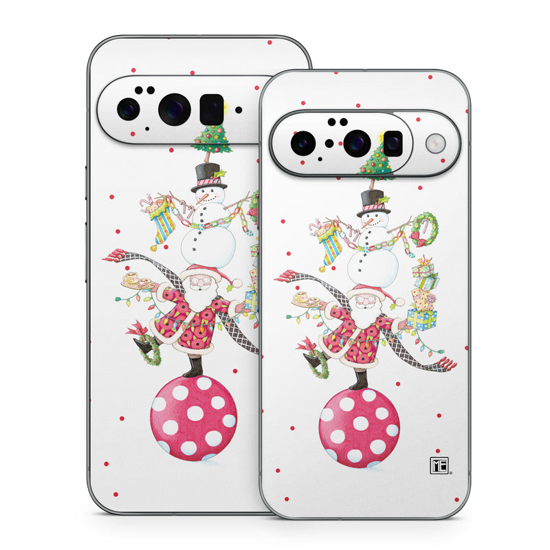 Google Pixel 10 Series Skin design of Snowman, Holiday ornament, Christmas ornament, Creative arts, Christmas decoration, Ornament, Pattern, Event, Art, Circle, with white, red, yellow, green, orange, black, blue colors