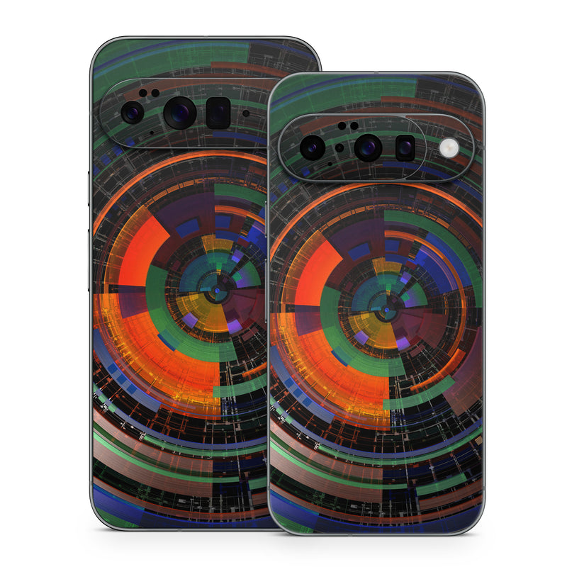 Google Pixel 10 Series Skin design of Colorfulness, Pattern, Circle, Design, Architecture, Symmetry, Art, Spiral, Psychedelic art, with black, red, blue, green, orange, brown colors
