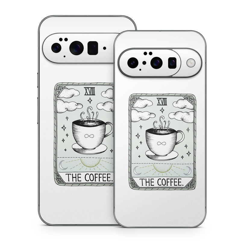 Google Pixel 10 Series Skin design of Cup, Cartoon, Drinkware, Coffee cup, Tableware, Teacup, Illustration, Drink, Line art, with white, black, green, gray, yellow colors