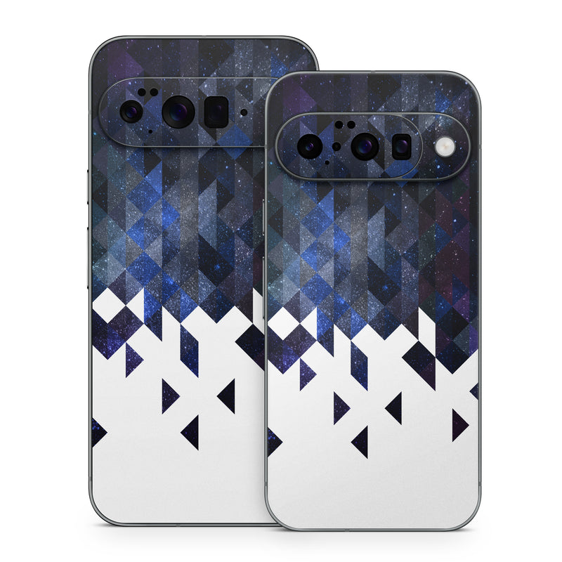 Google Pixel 10 Series Skin design of Text, Pattern, Graphic design, Font, Purple, Design, Line, Triangle, Logo, Graphics, with black, blue, white colors