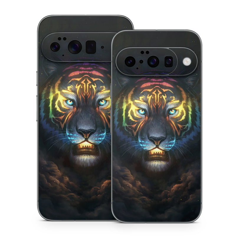 Google Pixel 10 Series Skin design of Felidae, Vertebrate, Carnivore, Organism, Painting, Roar, Bengal tiger, Big cats, Art, Whiskers, with black, yellow, orange, red, green, purple, blue colors