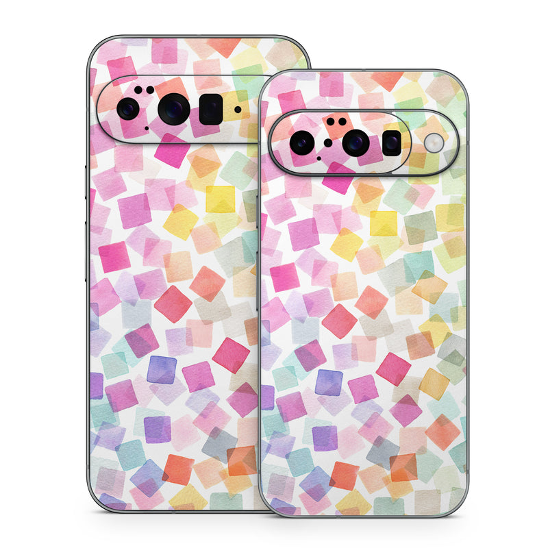 Google Pixel 10 Series Skin design of Pink, Orange, Wrapping Paper, Art Paper, Pattern, Triangle, with white, pink, red, orange, yellow, blue, green, purple colors