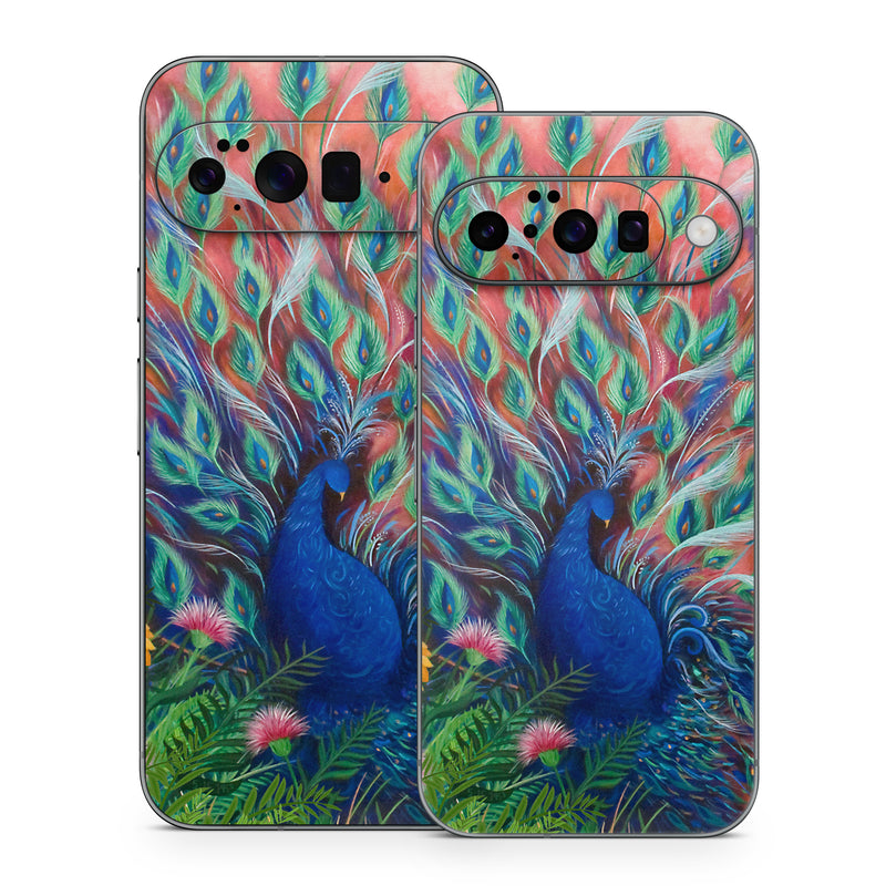 Google Pixel 10 Series Skin design of Painting, Acrylic paint, Bird, Child art, Art, Galliformes, Peafowl, Visual arts, Watercolor paint, Plant, with black, red, gray, blue, green colors