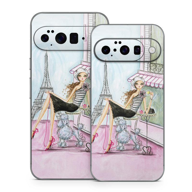 Google Pixel 10 Series Skin design of Pink, Illustration, Sitting, Konghou, Watercolor paint, Fashion illustration, Art, Drawing, Style, with gray, purple, blue, black, pink colors