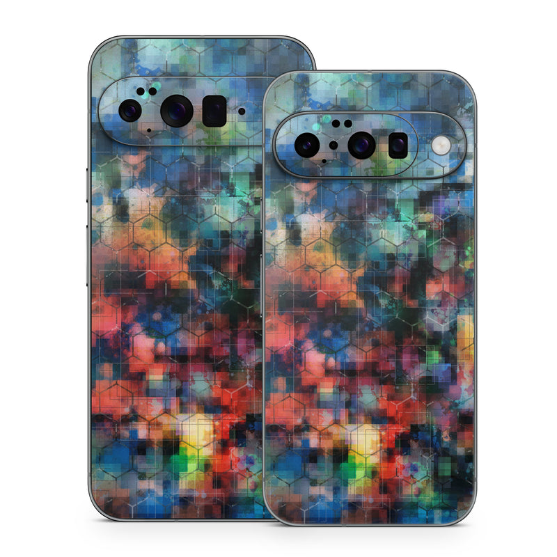 Google Pixel 10 Series Skin design of Blue, Colorfulness, Pattern, Psychedelic art, Art, Sky, Design, Textile, Dye, Modern art, with black, blue, red, gray, green colors
