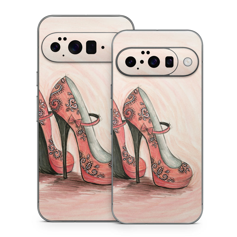 Google Pixel 10 Series Skin design of Footwear, High heels, Shoe, Pink, Court shoe, Illustration, Leg, Basic pump, Peach, Painting, with pink, gray, red, white, black, green colors