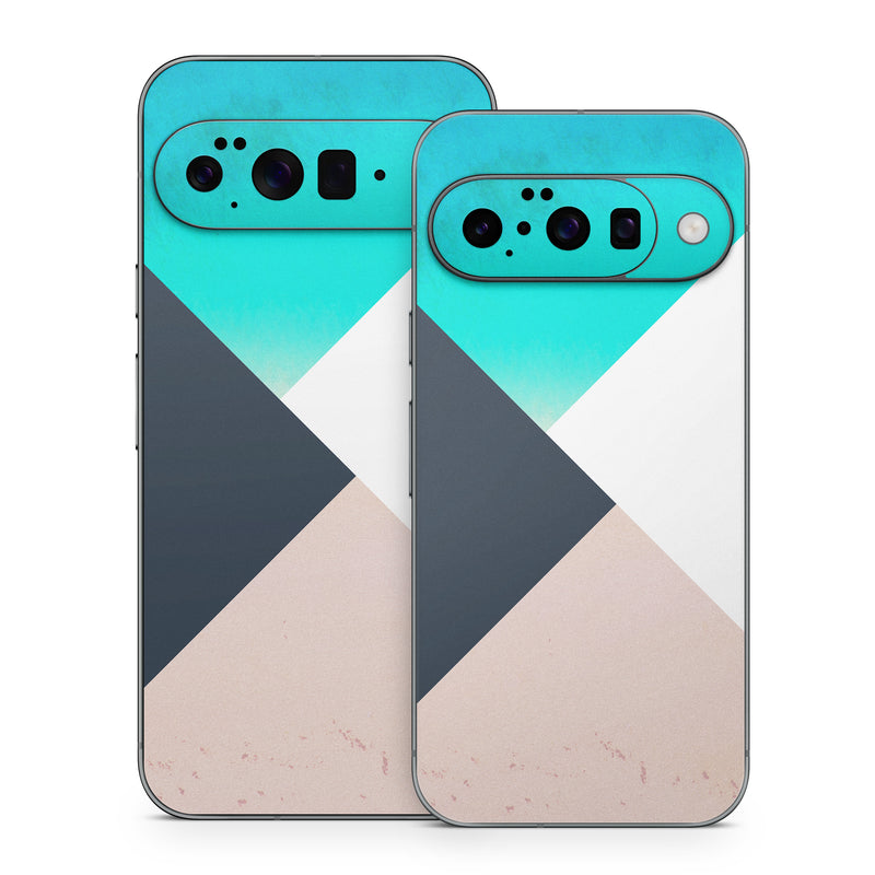 Google Pixel 10 Series Skin design of Blue, Turquoise, Aqua, Line, Triangle, Design, Material property, Graphic design, Pattern, Architecture, with black, white, brown, blue colors