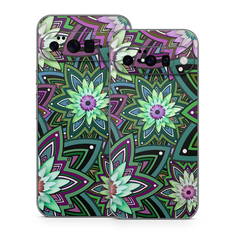 Google Pixel 10 Series Skin design of Pattern, Purple, Green, Flower, Psychedelic art, Design, Lilac, Plant, Symmetry, Visual arts, with black, gray, green, purple, blue, red colors