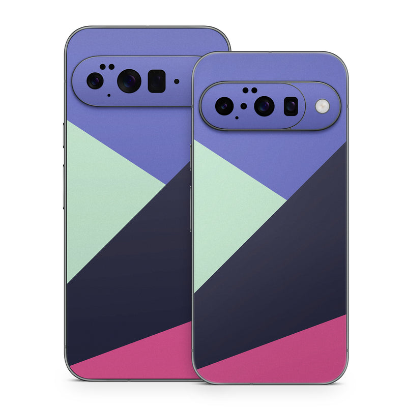 Google Pixel 10 Series Skin design of Purple, Violet, Line, Magenta, Graphic design, Triangle, Pattern, Design, Material property, Font, with black, blue, green, pink colors