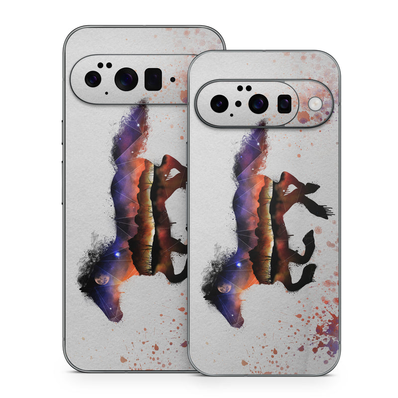 Google Pixel 10 Series Skin design of Watercolor paint, Illustration, Art, Horse, Paint, Drawing, Graphic design, Painting, Visual arts, Mustang horse, with gray, white, purple, red, yellow, black, orange colors