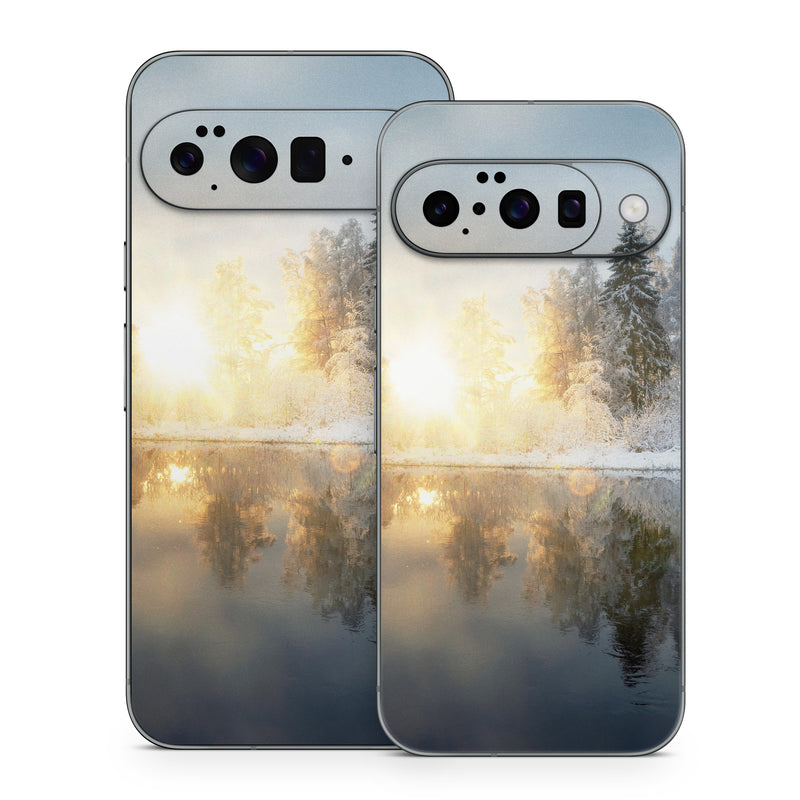 Google Pixel 10 Series Skin design of Cloud, Water, Sky, Water resources, Atmosphere, Plant, Natural landscape, Branch, Tree, Freezing, with blue, black, yellow, orange, white colors