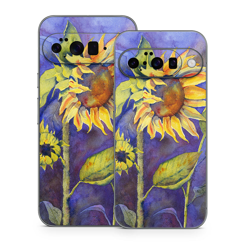 Google Pixel 10 Series Skin design of Flower, Sunflower, Painting, sunflower, Watercolor paint, Plant, Flowering plant, Yellow, Acrylic paint, Still life, with green, black, blue, gray, red, orange colors