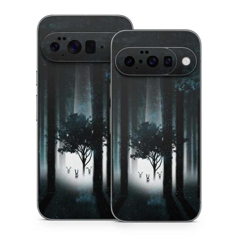 Google Pixel 10 Series Skin design of Darkness, Black, Nature, Tree, Natural environment, Forest, Atmosphere, Atmospheric phenomenon, Light, Natural landscape, with black, blue, white colors